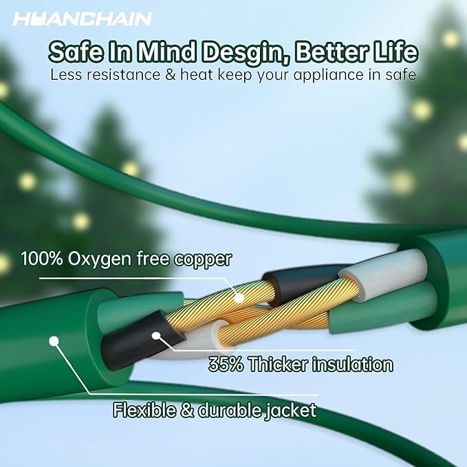 HUANCHAIN Indoor Outdoor Green Extension Cord 150 ft Waterproof, 16/3 Gauge Flexible Cold-Resistant Appliance Extension Cord Outside, 10A 1250W 16AWG SJTW, 3 Prong Electric Cable, ETL
