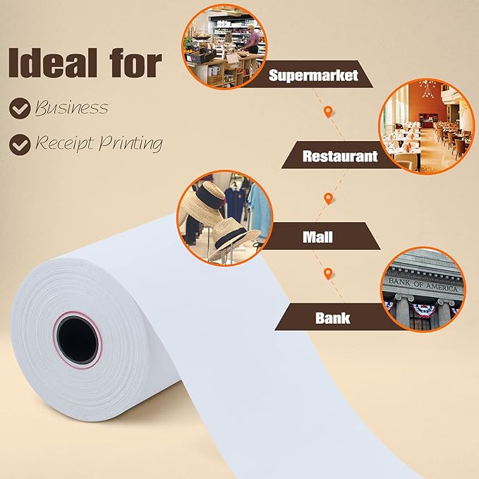 (10 Rolls) 3 1/8" x 119' Thermal Paper, POS Receipt Paper for Retail Business Cash Register, Fits Most Credit Card Terminal