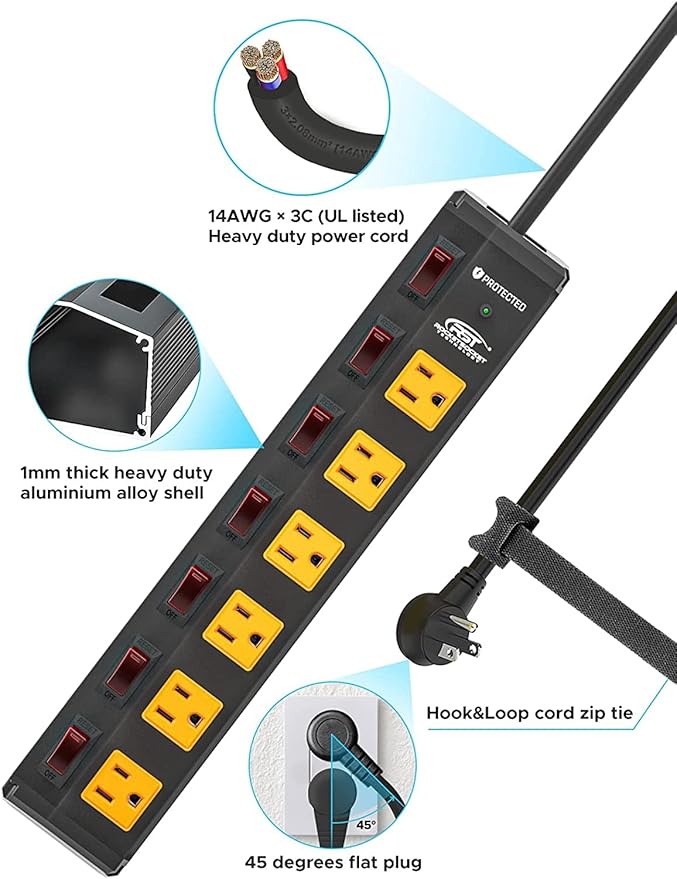 CRST 6 Outlet Metal Heavy Duty Power Strip with Individual Switches, 6FT Wall Mount Garage Power Strip, Surge Protector (1200 Joules), 15amp/1875W, 14AWG SJT Power Cord