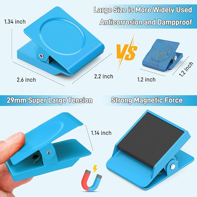 FINDMAG 4 Pack Extra Large Magnetic Clips, 2.2inch Magnetic Christmas Light Clips Heavy Duty, Strong Magnets for School, Kitchen, Locker Accessories, Fridge (Blue)