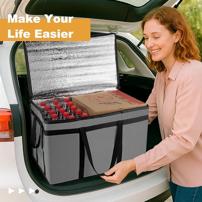 XXXL Insulated Food Delivery Bag - Reusable Thermal Cooler Grocery Bags for Catering & Delivery, Pizza Carrier for Events, Large Capacity Bag Keeps Food Hot/Cold for Shopping, Commercial (with Base)