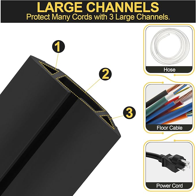 MYFAMIREA 20FT Floor Cord Cover Heavy Duty Cable Cover Protector 3 Channels Extension PVC Floor Wire Cover Outdoor Cord Hider Management Cord Cover for Wire on Floor Home Outdoor (2PCS 10FT, Black)