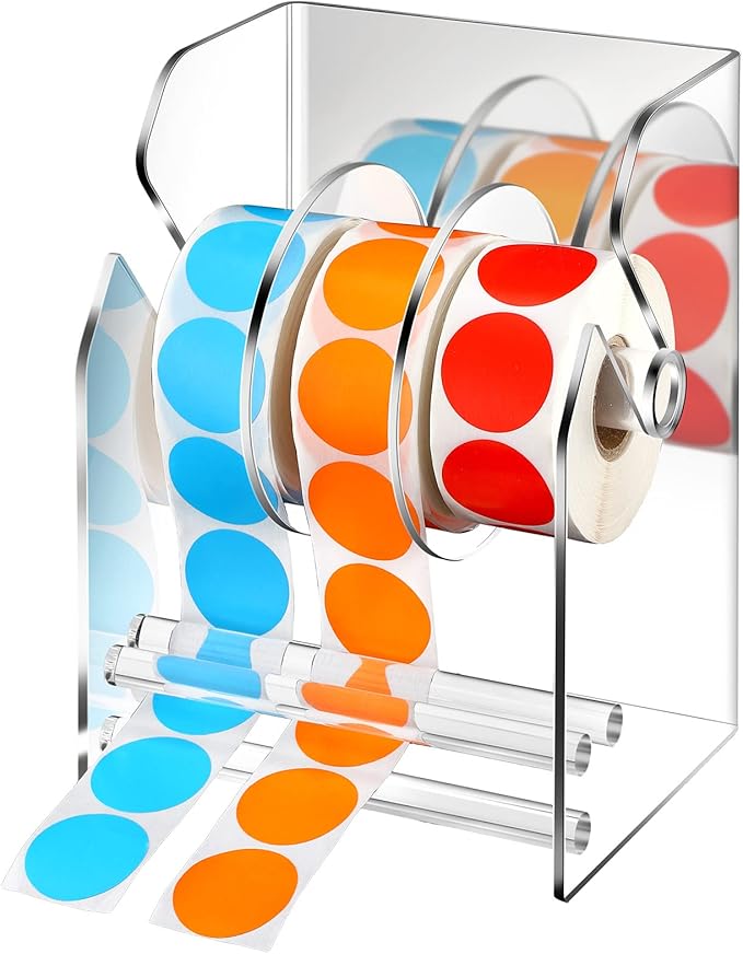 Geosar 1 Pc Adjustable Label Dispenser 3 Disks Sticker Roll Holder Sticker Dispenser Clear Label Roll Holder Acrylic Tape Organizer Stand for Office Home Desktop
