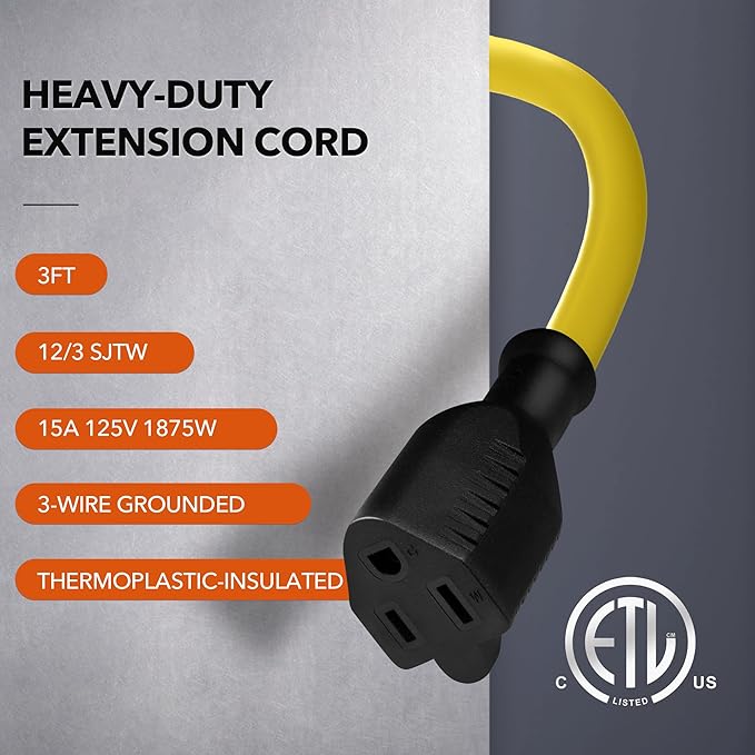 BN-LINK 3ft Outdoor Extension Cord, 12/3 SJTW Heavy Duty Power Cord, 3-Prong Grounded Plug, Weather Resistant, 15A, 1875W, Yellow, for Lawn, Garden, Appliances, ETL Listed