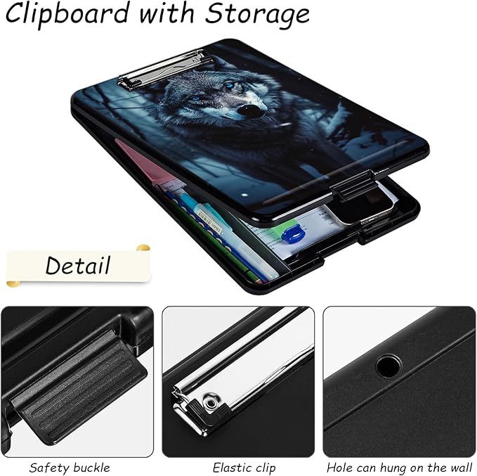 Clipboard with Storage, High Capacity Plastic Storage Clipboard with Low Profile Clip for Women Teachers Work, School & Office Supplies, Cute Pattern Decorative Clipboards, Grey Wolf