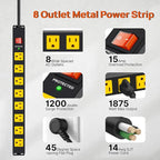 ANNQUAN Metal 8 Outlet Mountable Power Strip with 1200J Surge Protector,Wall Mount Heavy Duty Long Power Strip,Wide Spaced Outlet with Switch,6FT Cord