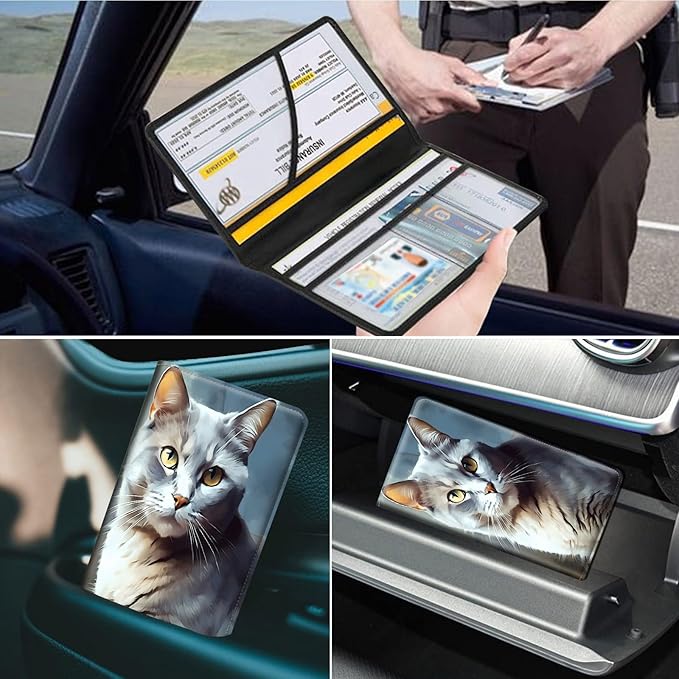Car Registration and Insurance Holder, Leather Car Glove Box Organizer, Cool Car Accessories for ID, Driver's License Cards & Essential Document,business cards,Men&Women,Cat Grays
