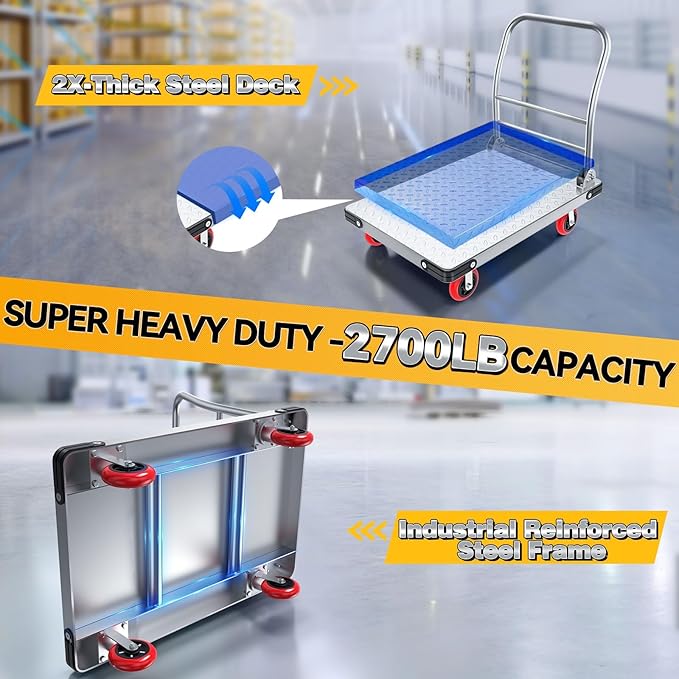 Heavy Duty Foldable Platform Truck - 2700LB Capacity Steel Push Cart, 40"x24" Oversized Flatbed with 5" Swivel & Fixed Wheels, Industrial Hand Truck for Warehouse Moving