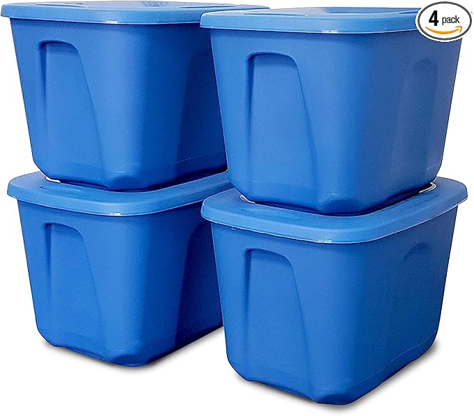 HOMZ 4-Pack Durable Molded Bin, Plastic Storage Containers w/Lids, 10 Gallon, Blue - Stackable Organizer Totes and Boxes for Bedroom, Kitchen, and Garage Organization