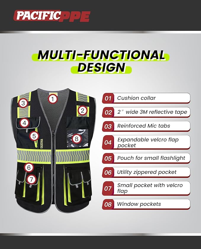 PACIFIC 10 Pockets Class 1 Safety Vest for Men, 3M High Visibility Reflective Strips, Meets ANSI/ISEA Standard, Black, X-Large