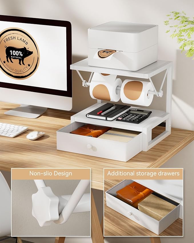 IBUYKE Label Holder for Rolls and Fan-Fold Labels,Wooden Thermal Shipping Label Stand With Drawer Desktop Printer Holder for Home, Office, Small Business,White TPS003W