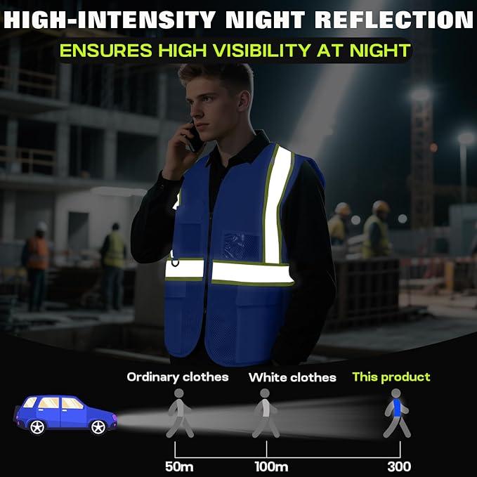 Safety Vest Customize Logo with 5 Pockets & Zipper Reflective High Visibility Vest Class 2 Outdoor Workwear