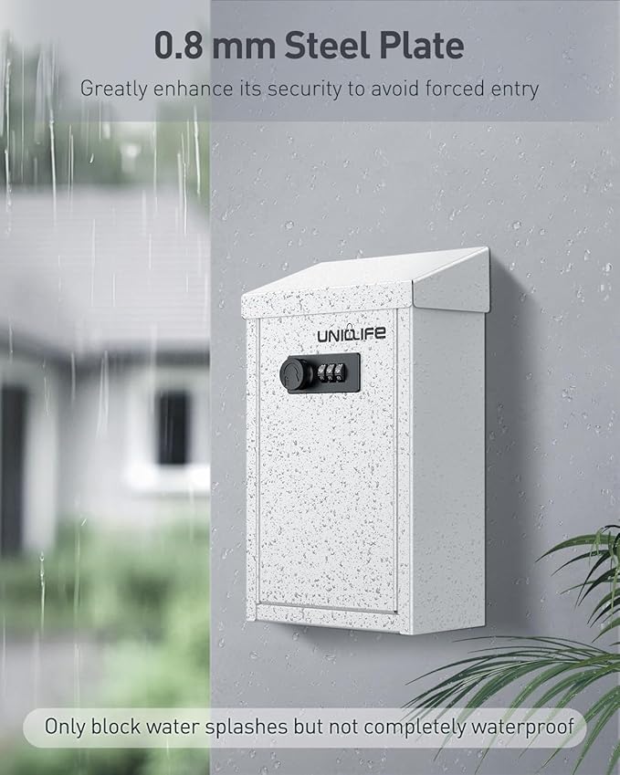 Uniclife Key Drop Box for Outside, Metal Donation Boxes White Collection Box with Combination Lock, Safe Suggestion Boxes, Wall Mounted Mailbox with Top Slot, Steel Cash Drop Boxes