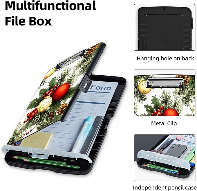 Clipboard with Storage Box & Pen Holder,Heavy Duty Clip Boards 8.5x11 for Nursing,High Capacity,School & Office Supplies,Christmas Ornaments Pinecones