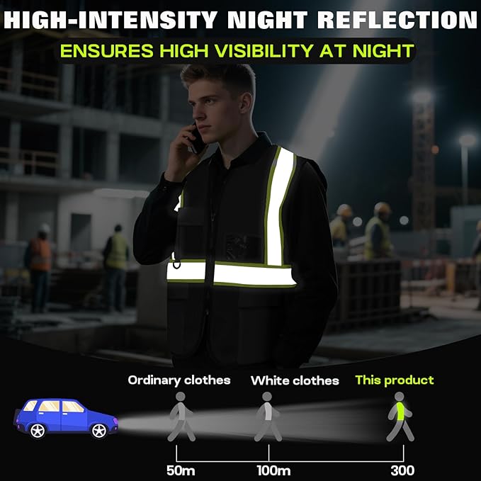 Safety Vest Customize Logo with 5 Pockets & Zipper Reflective High Visibility Vest Class 2 Outdoor Workwear
