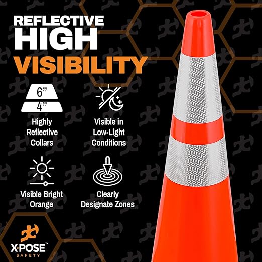 Xpose Safety 36 Inch Orange Traffic Cones Heavy Duty 12lb with 6" & 4" Collars, 24 Pack - Multipurpose PVC Plastic Safety Cone for Parking, Soccer, Caution, Kids and Construction - DOT Approved