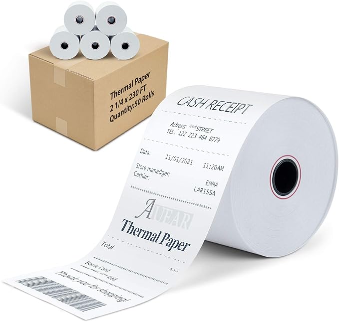 AUEAR, Thermal Cash Register POS Paper Rolls, 2 1/4" x 230' - BPA Free (50 Pack)