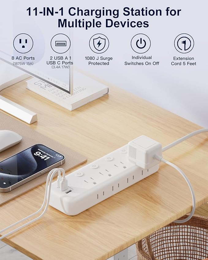 10FT Heavy Duty Extension Cord with Individual Switches on Off, 1875W Appliance Extension Cord with USB Ports, 8 outlets, High Wattage for Microwave, Aquarium, Kitchen, Garage Must Have