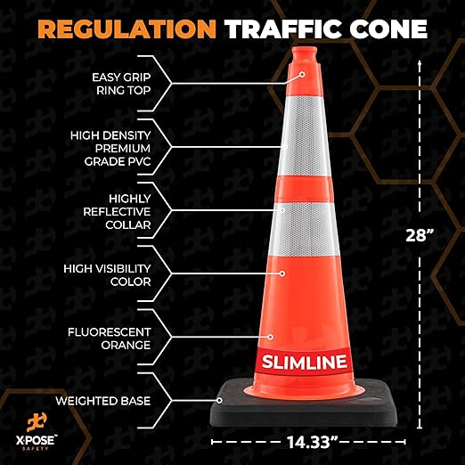 Xpose Safety 28 Inch Orange Slim Line Traffic Cones Heavy Duty 10lb with 6" & 4" Collars, 6 Pack Multipurpose PVC Plastic Safety Cone for Parking, Soccer, Caution, Kids & Construction - DOT Approved