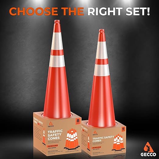 GECCO ™ (8 Pack) 36 Inch 10 Lb Heavy Tall Orange Traffic Cones Set | Large Safety Cones, Orange Cones, Parking Cones, Construction Cones, Road Cones | PVC Plastic & Black Base - [PRO Series]