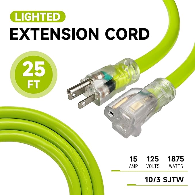 EP 25 Ft Lighted Outdoor Extension Cord - 10/3 SJTW Heavy Duty Green Extension Cable with 3 Prong Grounded Plug for Safety, UL Listed