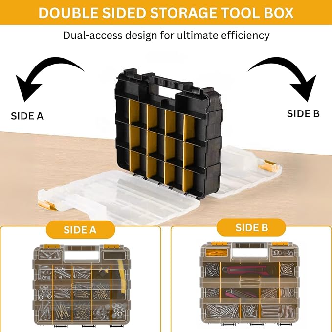 Andalus Tools Organizer Box, Small Parts Storage 34-Compartment Double-Sided Portable Hardware Organizer Removable Plastic Dividers for Screws, Nuts, Bolts, Nails – Yellow (1 Pack, 12.5" x 10.5" x 3")