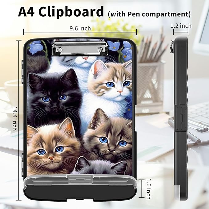Clipboard with Storage High Capacity Plastic Nursing Clipboards with Pen Holder File Folder Storage Box Clipboard with Heavy Duty Clips for Teacher,Doctor,Offices-Cute Cats
