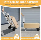 600 LBS Dolly Cart with Wheels, 3 in 1 Folding Hand Truck with Retractable Handle, Aluminum Heavy Duty Hand Cart with 4 Wheels, Collapsible Hand Truck Dolly for Warehouse, Home, Supermarket