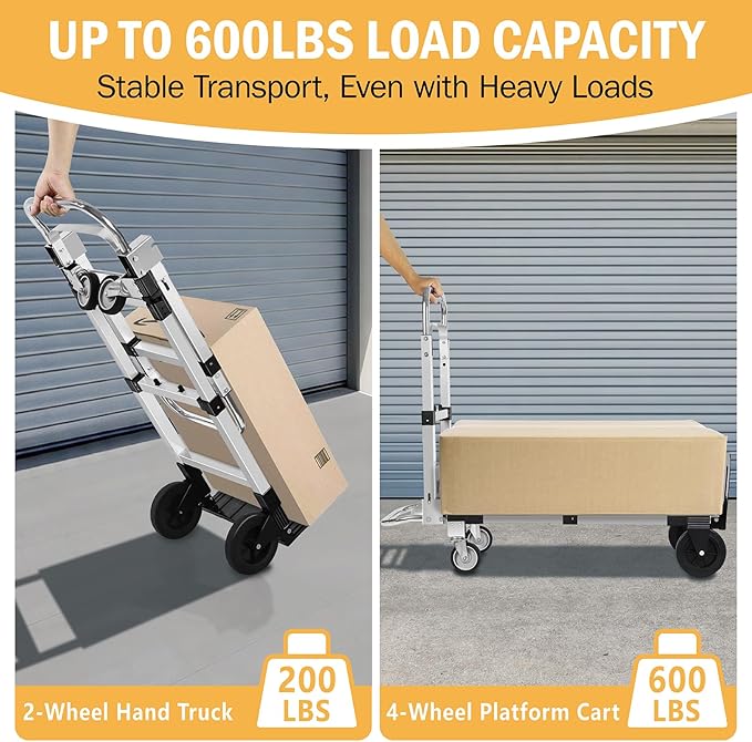 600 LBS Dolly Cart with Wheels, 3 in 1 Folding Hand Truck with Retractable Handle, Aluminum Heavy Duty Hand Cart with 4 Wheels, Collapsible Hand Truck Dolly for Warehouse, Home, Supermarket