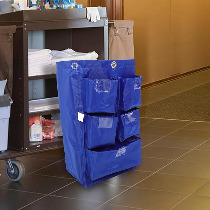 Waterproof Housekeeping Cart Bag with 5 Pockets, Blue Canvas Replacement Cleaning Trolley Bag for Janitorial Supplies and Trash Collection in Hotels and Commercial Cleaning