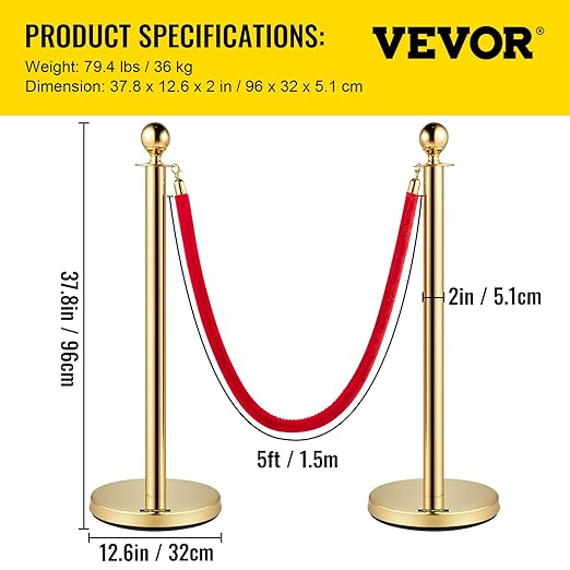 VEVOR Velvet Ropes and Posts 6 Pcs Red Velvet Rope 5 ft, Stanchions Solid Base with Ball Top, Crowd Control Barriers Gold Stanchions, Red Carpet Poles, Crowd Control Ropes and poles for Party Supplies