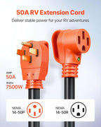VEVOR 75 FT RV Extension Cord, 50 Amp, 125V/250V 7500W Heavy Duty STW 6/3 + 8/1 Gauge Wire, NEMA 14-50P Male NEMA 14-50R Female Plug, with LED Indicator, Handle, 15A Adapter for RV Trailer, ETL Listed