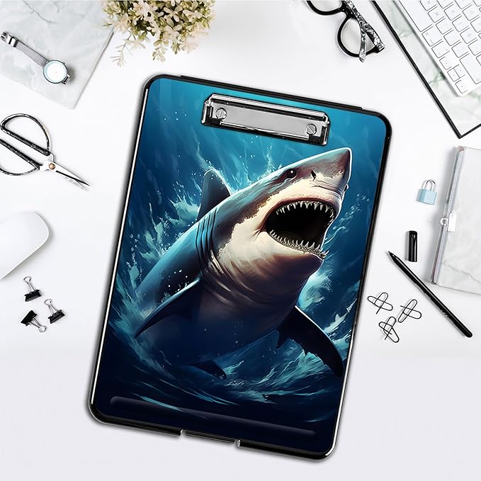 Clipboard with Storage,Office Supplies Nursing Clipboards Folder with Pen Holder Plastic Foldable Clip Board with Storage for Nurse Teacher,Shark in Sea