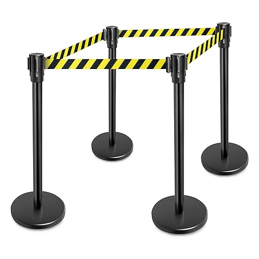 New Star Foodservice 1028911 Stanchions, 36-Inch Height, 6.5-Foot Retractable Belt, Set of 2, Hazard Belt Pattern
