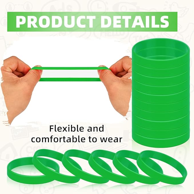 100pcs Rubber Wristbands, Blank Silicone Bracelets Gifts Supplies Rubber Wrist Band Kit Sports Green For Men Women Teens-Green
