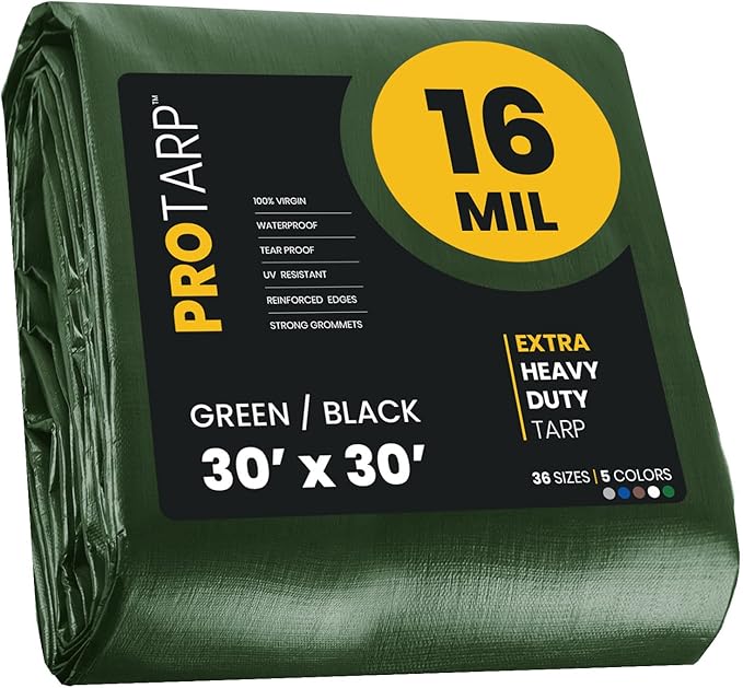 PROTARP Extra Heavy Duty 16 Mil Tarp Cover, Waterproof, UV Resistant, Rip and Tear Proof, Poly Tarpaulin with Reinforced Edges for Roof, Camping, Patio, Pool, Boat. (Green/Black 30′ X 30′)