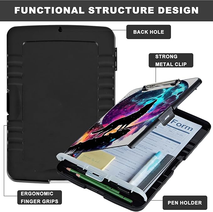 Clipboard with Storage,Heavy Duty Plastic Storage Clipboard with Low Profile Clip,Teacher Must Haves,Office Supplies,Planet Wolf