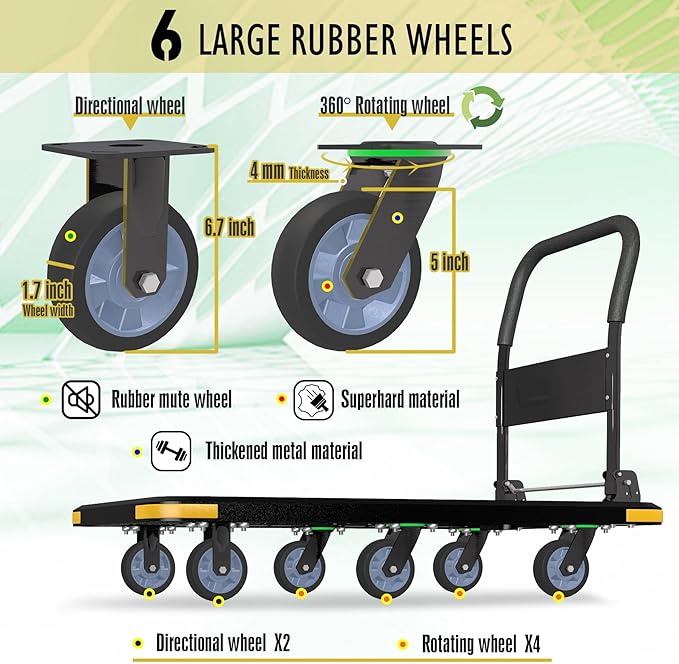 Heavy-Duty Foldable Platform Cart with 6 Wheels & 2000LB Capacity - 360° Swivel & Fixed Casters, Collapsible Push Cart Dolly Black Plastic Trolley, 5" Wheels, Spare Tire & Anti-Collision Corners