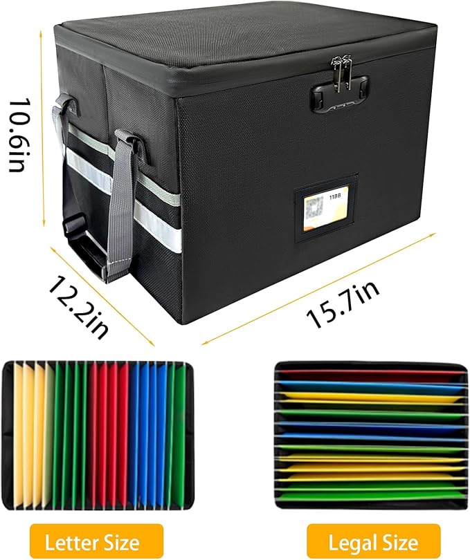 Large Next of Kin Box Organizer with Smart Labels, Fireproof Foldable File Organizer with Combination Lock, 10 Hanging Files and 20 Category Labels for Label Documents(15.7"L×12.2"W×10.6"H)