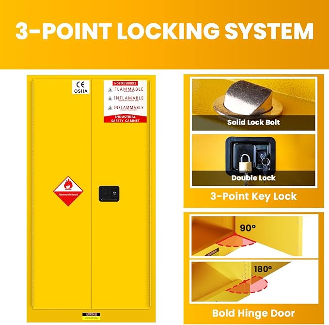 90 Gallon Yellow Flammable Storage Cabinet, Fireproof Steel Chemical Storage Locker with Adjustable Shelves, for Flammable Liquids, Industrial Use, Free Returns!