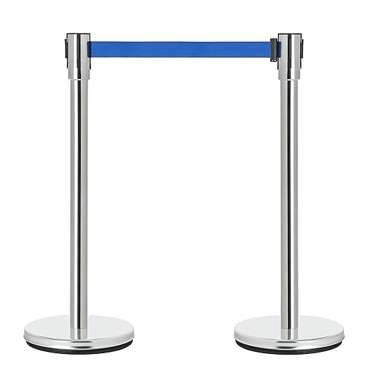 DuraSteel Crowd Control Barriers Line Dividers - Silver Stanchion Stainless Steel Posts with 6.5ft Blue Retractable Belt Ropes - for Store Queues, Airport Lines, Event Entries - 2 Set/Pack
