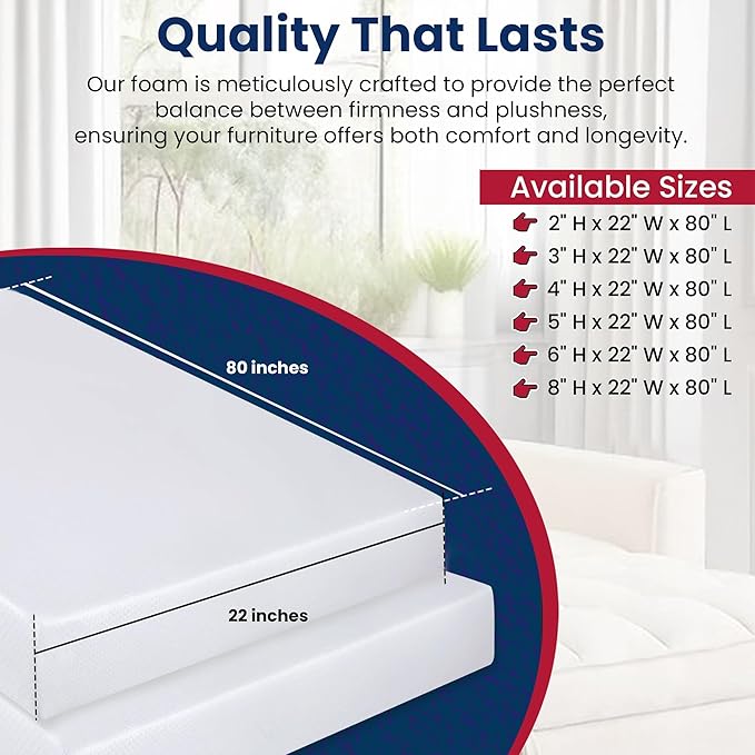 Isellfoam RaceCityFoam Upholstery Foam Cushion High Density 2" H x 22" W x 80" L (Ultra Firm) 50ILD High Density Upholstery Foam Cushion CertiPUR-US Certified Foam, Made in USA