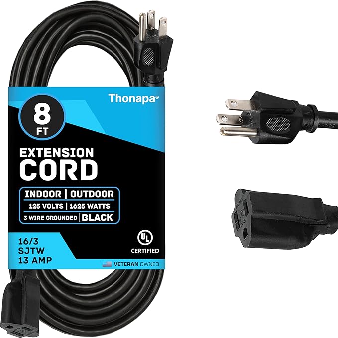 13 Amp Outdoor Extension Cord 8 ft, 16/3 SJTW 8 Foot Black Extension Cord 3 Prong, Weatherproof Exterior Power Cable for Outside Lights & Lawn, UL Certified - US Veteran Owned
