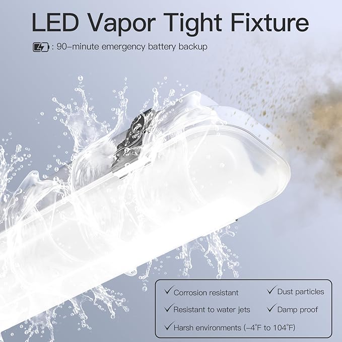 JTT 4FT LED Vapor Tight Light, 60W/50W/40W IP65 Waterproof LED Outdoor Indoor Shop Light 6000K/5000K/4000K CCT, Vapor Proof Fixture for Garage Shop Basement Barn Car-Wash, 6-Pack ETL
