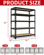 PrimeZone 32"W x 16"D x 63" H Storage Shelves - 2 Pack 5 Tier Adjustable Garage Storage Shelving, Heavy Duty Metal Storage Organizer Utility Rack Shelf Unit for Warehouse Pantry Closet Kitchen, Black
