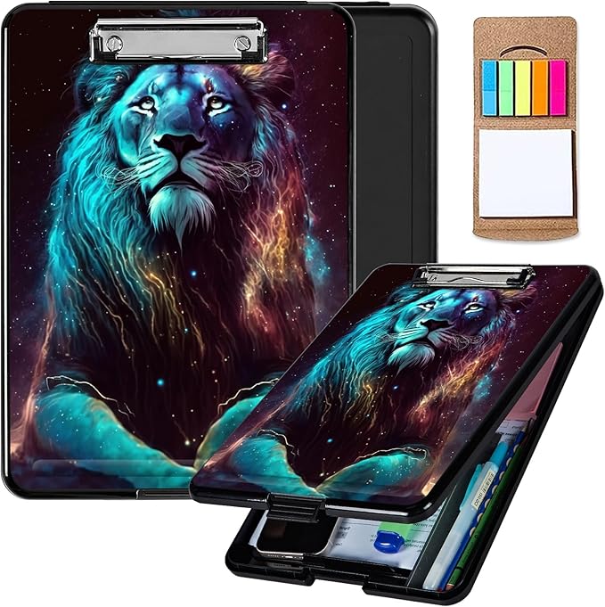 Clipboard with Storage,Plastic Storage Clipboard with Low Profile Clip, Heavy Duty Nursing Clipboards Foldable,Coaches Clipboard Case for Work, Teacher,Office School Supplies,Cool Lion
