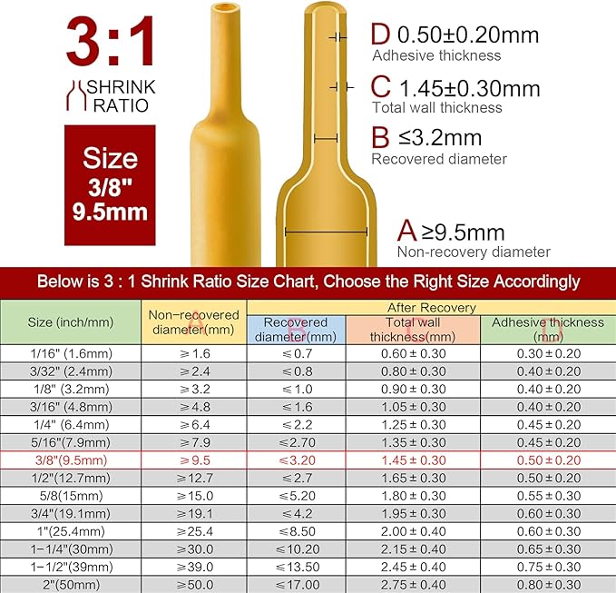 Chanzon 3:1 Ratio - 80ft Roll - Heat Shrink Tubing 3/8" (9.5mm) - Marine Grade Waterproof Adhesive Lined - (25M Total Length) Yellow Polyolefin Sleeving Wrap Shrinking 3 to 1 Ratio 1pcs