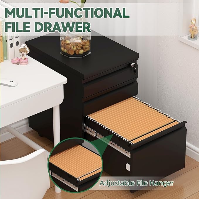 3 Drawer Black File Cabinet with Lock,25.6" H Small Filing Cabinet for Under Desk,Metal Mobile File Cabinet for Home Office Organizer Letters/Legal/A4(Assembly Required)