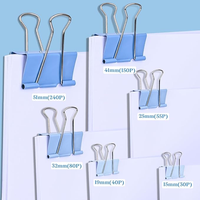 Temiary Aesthetic Binder Clips, 24 Pcs 1.6 Inches Small Metal Binder Clip with Clear Storage Container, Binding Paperwork Clamps for School Teachers Office Supplies (Blue)