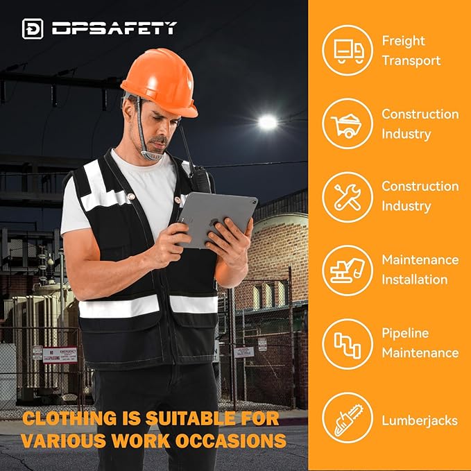 Reflective Safety vest With back plan pocket,High visibility Class 2 Heavy Duty Surveyor Vest with Zipper,Hi Vis Vest ANSI/ISEA Standard, Construction Work Vest for Men＆Women(Black,XL)